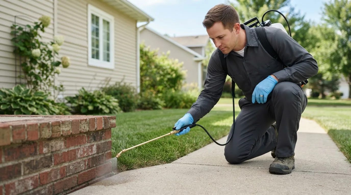 Pest control technician treating a home near Russellville, AL