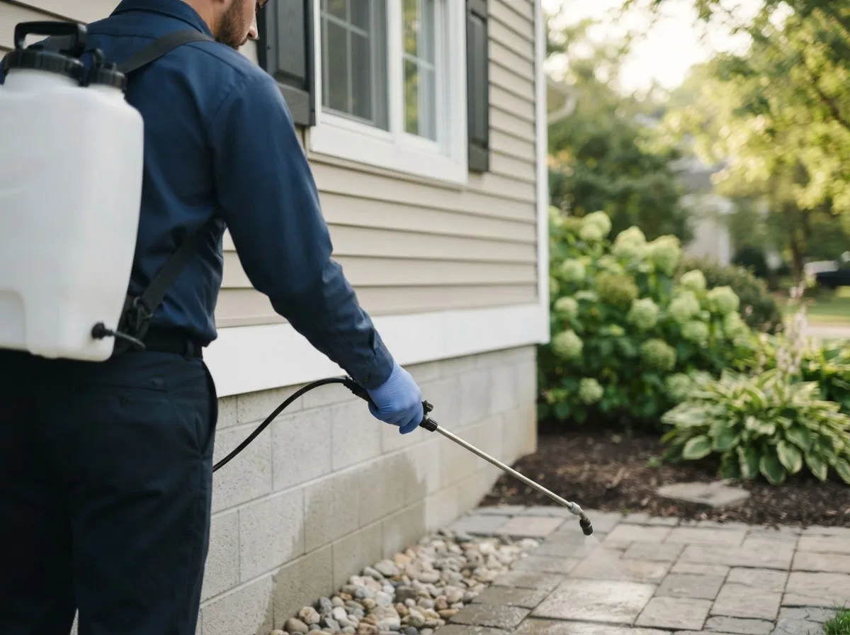 Pest control technician inspecting a home in Russellville, AL